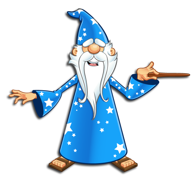 Avalon Web Designs | Merlin Web Wizard Mascot - Pointing Magic Wand Right